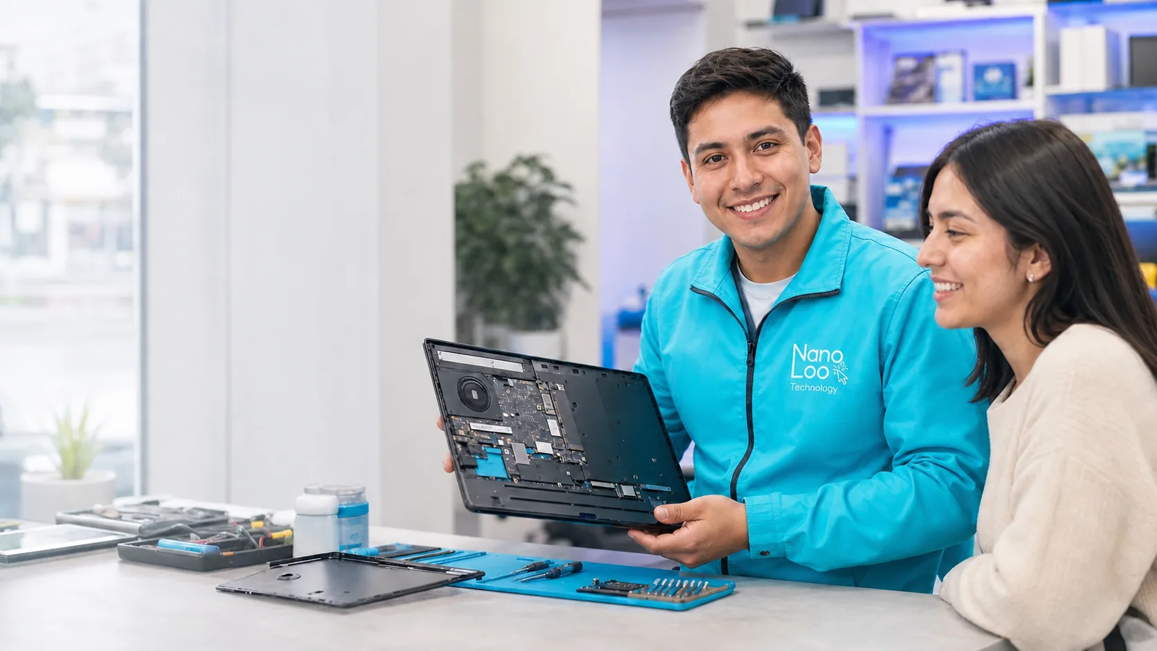Técnico de NanoLoo con uniforme y logo oficial revisando una laptop en Lima