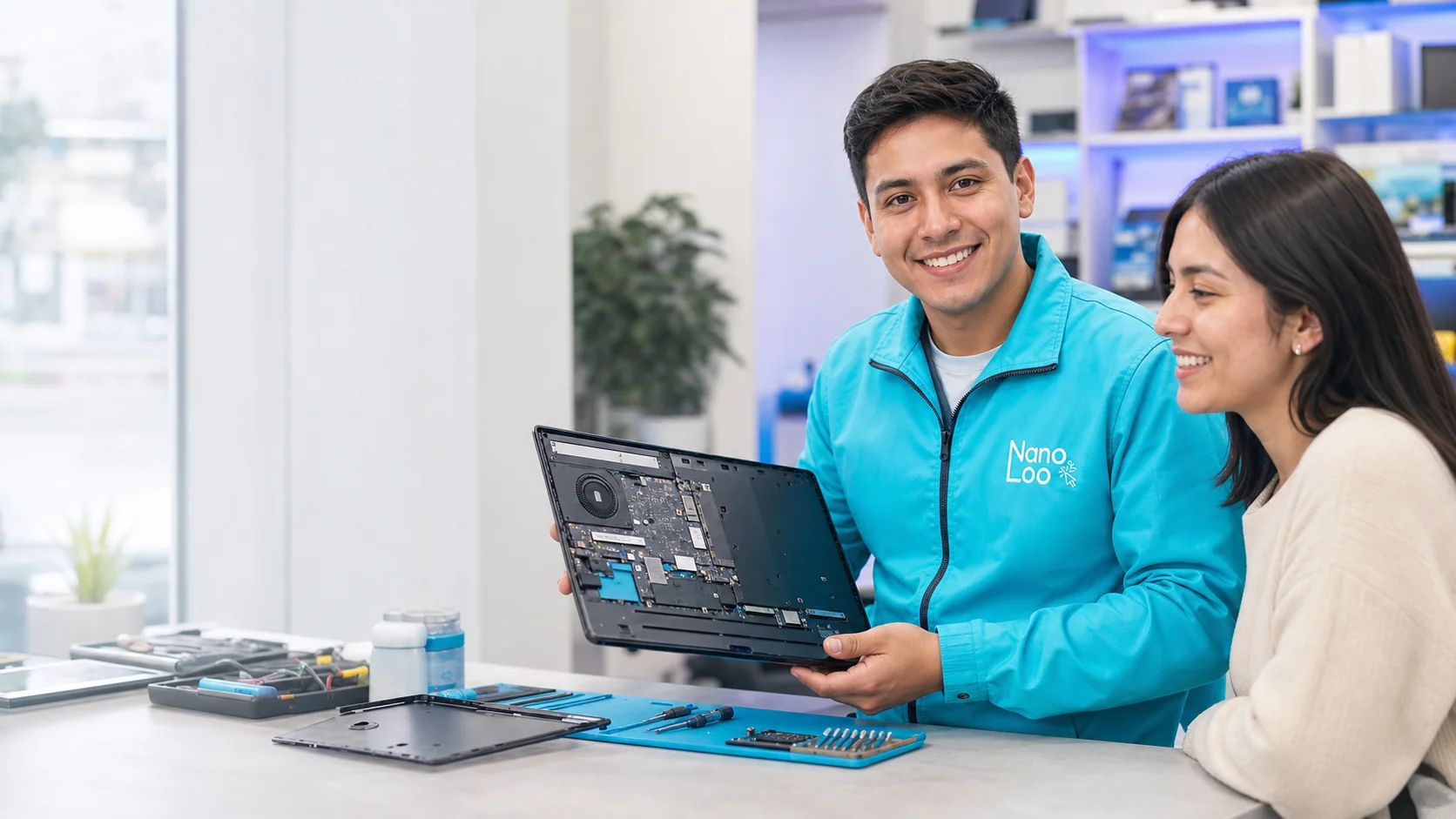 Técnico NanoLoo revisando una laptop junto a una clienta
