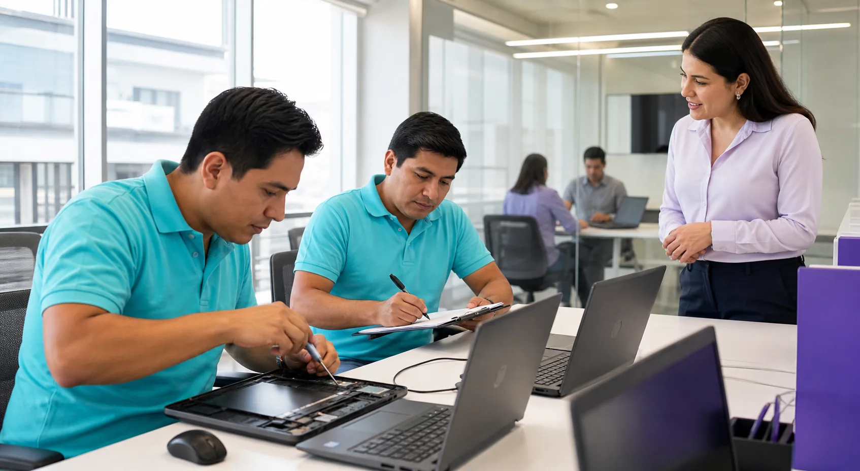 Personal técnico revisando computadoras en una empresa