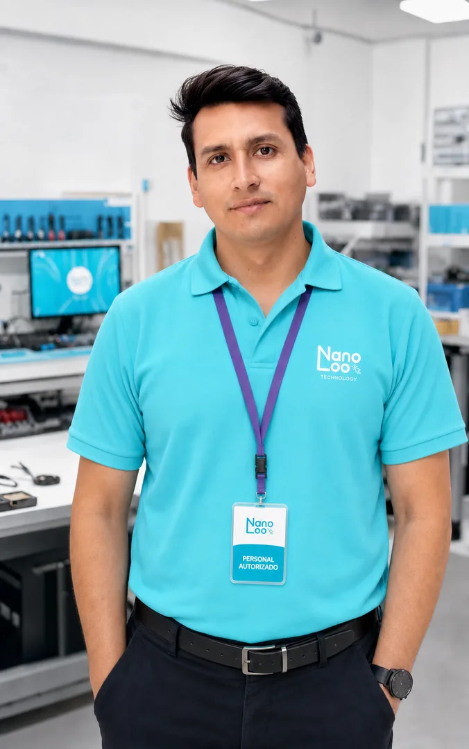 Integrante del equipo técnico NanoLoo con uniforme y fotocheck