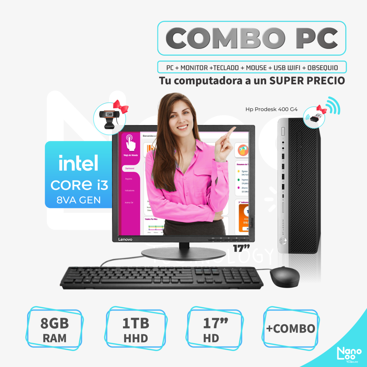 PC HP 400G4 - Core i3-8va Gen/ 8GB RAM/ 1TB HDD/ Monitor 17"/+ Combo/ *Refurbished - Imagen 1