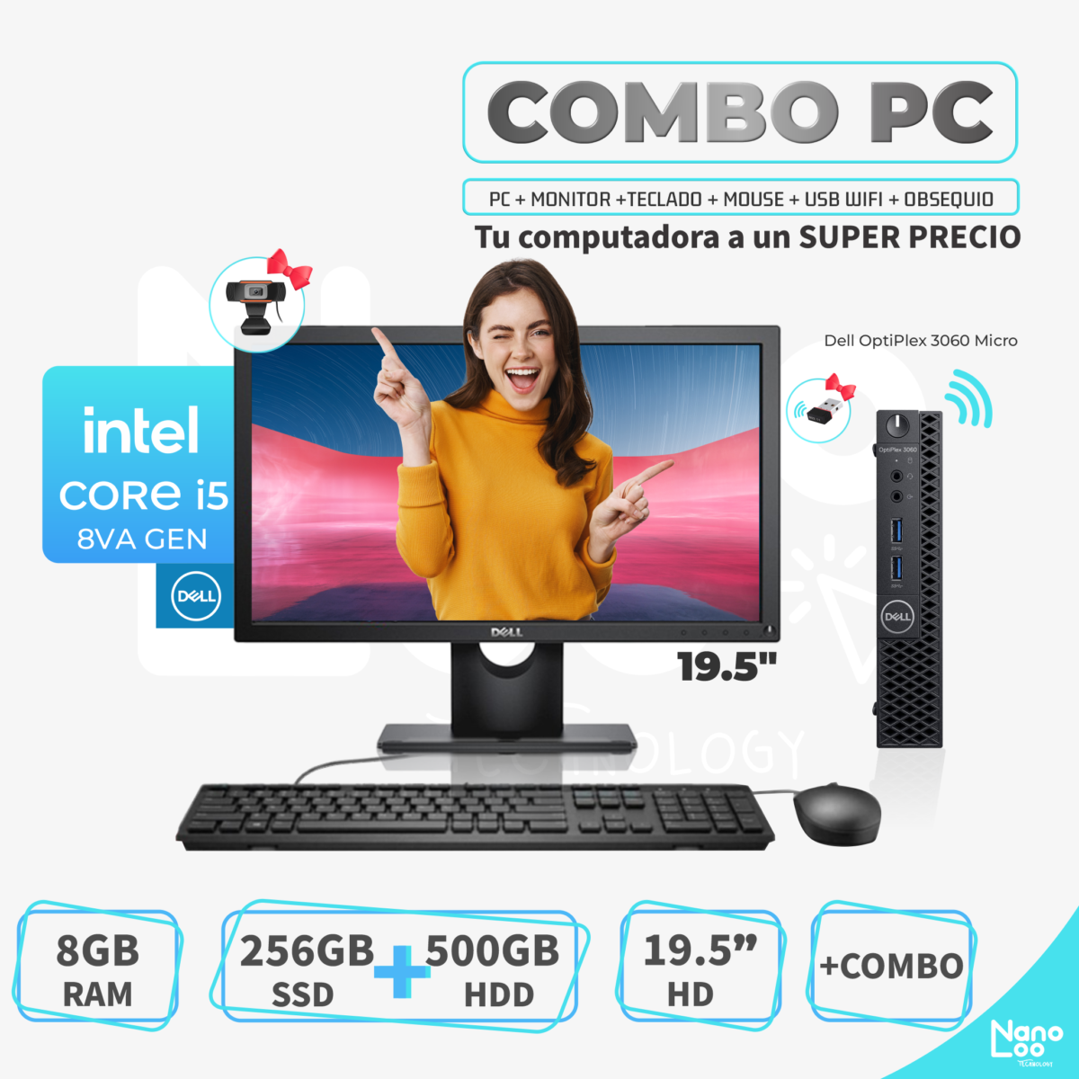 PC - Dell OptiPlex 3060 Micro - Core i5-8th Gen/ 8GB RAM/ 500GB HDD/ Monitor 19.5"/+ Combo/ *Refurbished - Imagen 1
