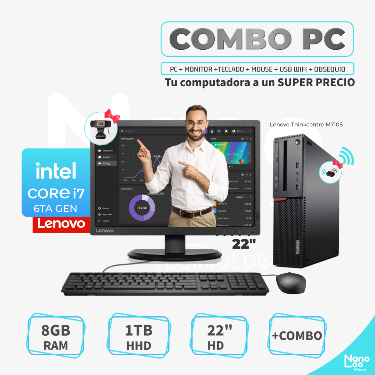 PC - Lenovo ThinkCentre M710S- Core i7-6th Gen/ 8GB RAM/ 1TB HDD / Monitor 22"/+ Combo/ *Refurbished - Imagen 1
