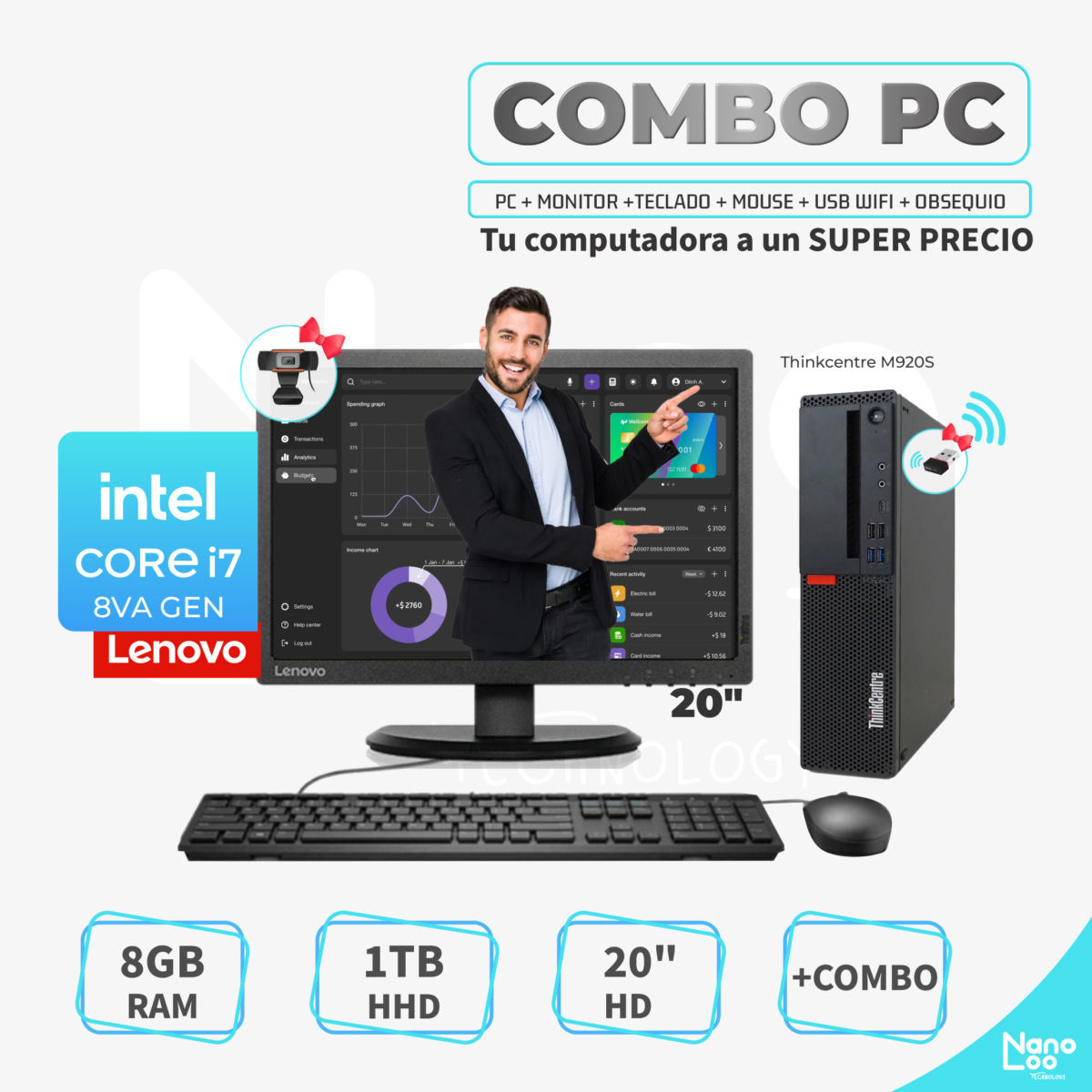 PC - Lenovo ThinkCentre M920S- Core i7-8th Gen/ 8GB RAM/ 1TB HDD / Monitor 20"/+ Combo/ *Refurbished - Imagen 1