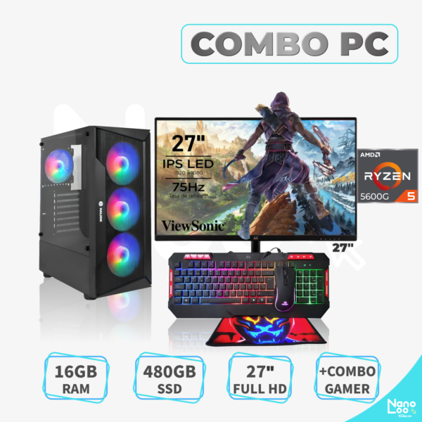 PC RYZEN 5-5600G 3.9GHZ/ 16GB RAM/ 480GB SSD/ MONITOR 27" FULL HD + COMBO GAMER