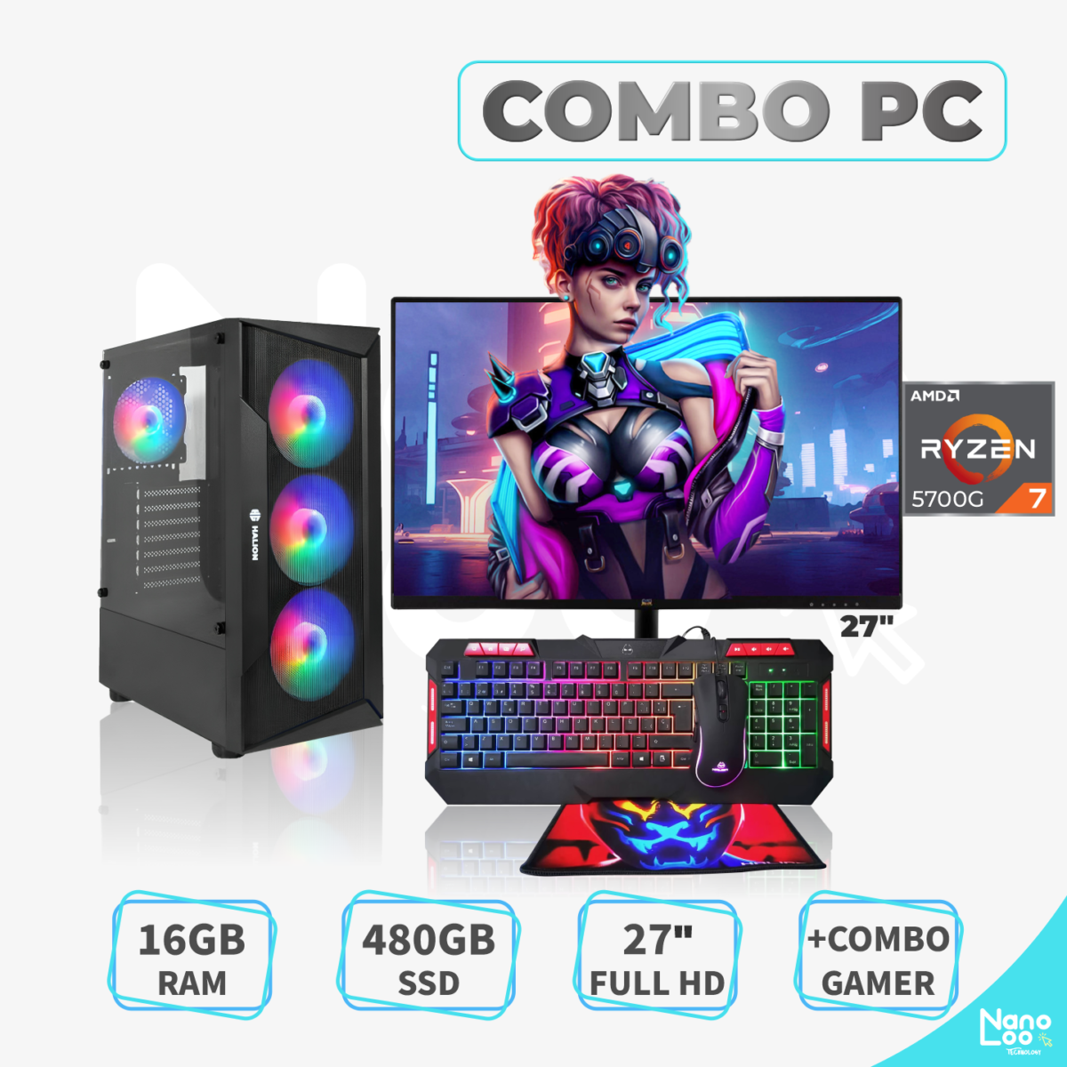 PC RYZEN 7-5700G 3.8GHZ/ 16GB RAM/ 480GB SSD/ MONITOR 27" FULL HD + COMBO GAMER - Imagen 1
