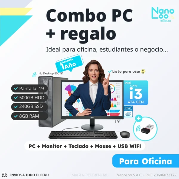 PC HP 800G1 - Core i3-4ta Gen | 8GB RAM | 500GB HDD + 240GB SSD | Monitor 19" |+ Combo | *Refurbished